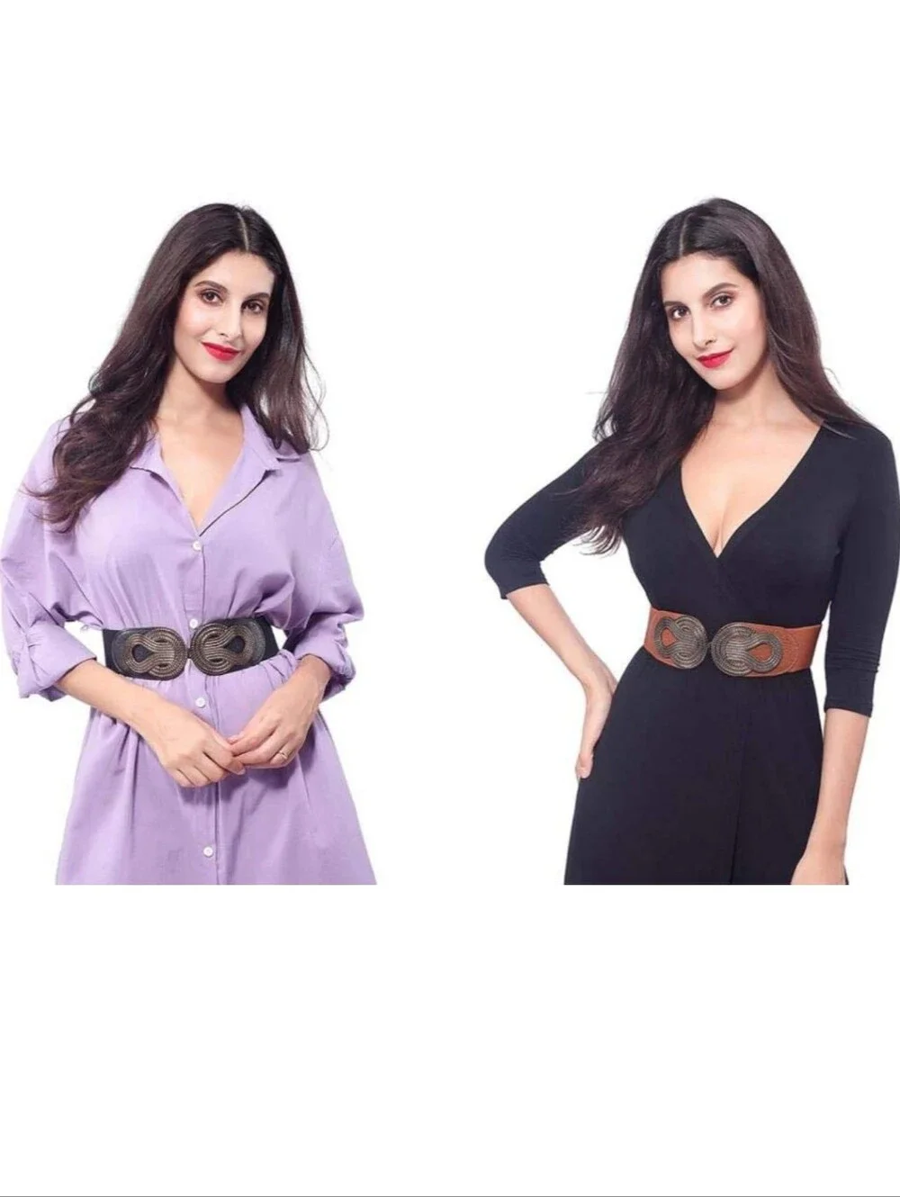 ​2 Pack Women's Wide Elastic Stretch Belts Gold Knot Interlocking Buckle